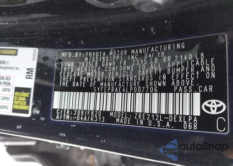 2020 Toyota Corolla Le from USA, damaged, VIN 5YFEPRAE4LP007706